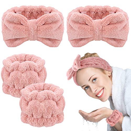 4 Pieces Spa Headband Wrist Washband Scrunchies Cuffs for Washing Face, Towel Wristbands Hair Headband Face Wash Wristband for Women Girls Makeup Prevent Liquids from Spilling Down Your Arms (Pink) - Deborah Elizabeth Beauty