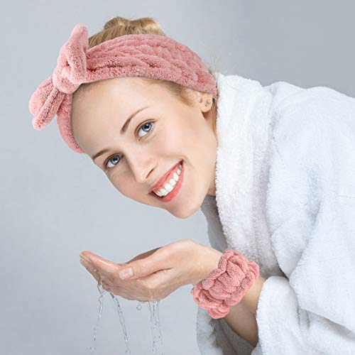 4 Pieces Spa Headband Wrist Washband Scrunchies Cuffs for Washing Face, Towel Wristbands Hair Headband Face Wash Wristband for Women Girls Makeup Prevent Liquids from Spilling Down Your Arms (Pink) - Deborah Elizabeth Beauty