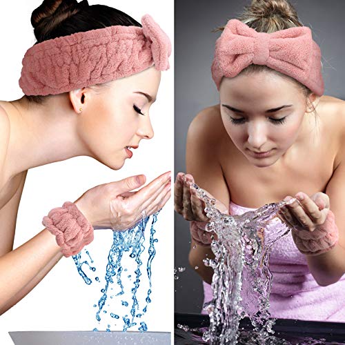 4 Pieces Spa Headband Wrist Washband Scrunchies Cuffs for Washing Face, Towel Wristbands Hair Headband Face Wash Wristband for Women Girls Makeup Prevent Liquids from Spilling Down Your Arms (Pink) - Deborah Elizabeth Beauty