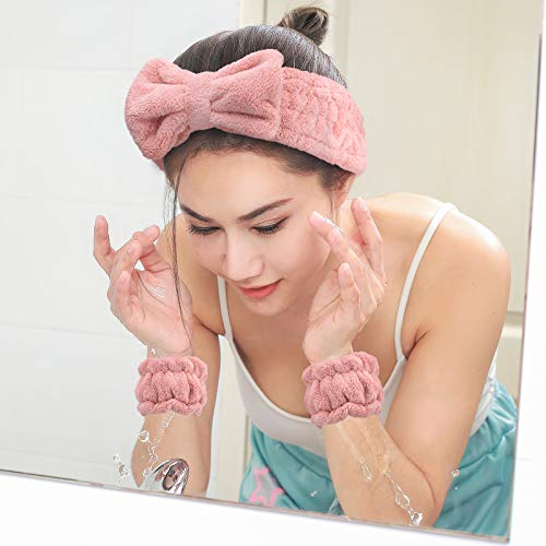 4 Pieces Spa Headband Wrist Washband Scrunchies Cuffs for Washing Face, Towel Wristbands Hair Headband Face Wash Wristband for Women Girls Makeup Prevent Liquids from Spilling Down Your Arms (Pink) - Deborah Elizabeth Beauty