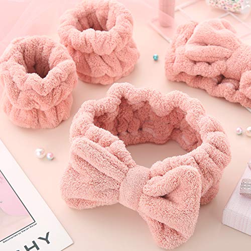 4 Pieces Spa Headband Wrist Washband Scrunchies Cuffs for Washing Face, Towel Wristbands Hair Headband Face Wash Wristband for Women Girls Makeup Prevent Liquids from Spilling Down Your Arms (Pink) - Deborah Elizabeth Beauty